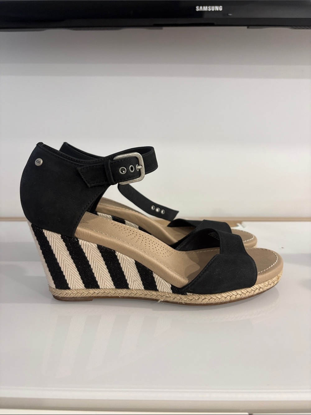 Ugg Leather Black Striped Wedge Sandals - Women's